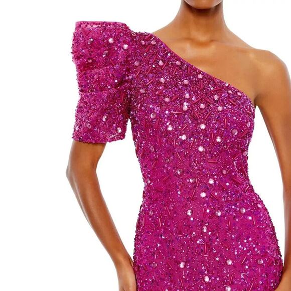 Mac Duggal Hot Pink Beaded Sequined Puff Sleeve One Shoulder Gown Dress Size 10 - Picture 3 of 16